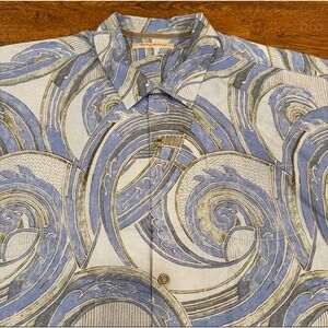 Tommy Bahama Blue Paisley Geometric Silk Hawaiian Camp Button Up Shirt Men's 2XL